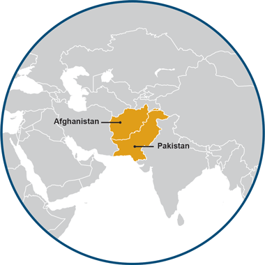 Cette carte géographique de l'Asie du Sud représente 2 pays : l'Afghanistan et le Pakistan.